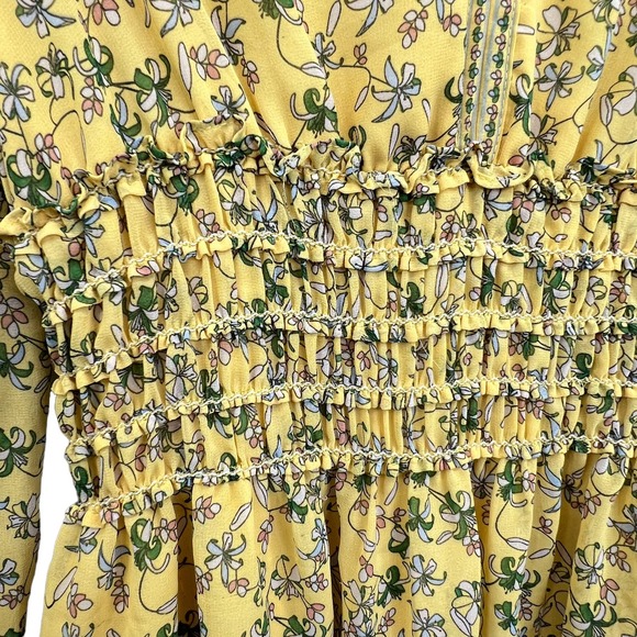 Max Studio Floral Mini Dress Yellow Size S Chiffon Long Sleeve Ruffles V-Neck - Picture 6 of 14
